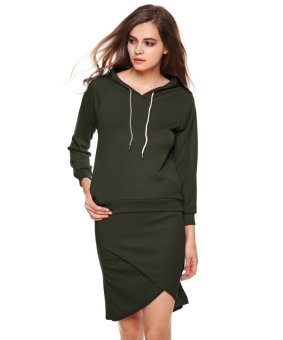 The Wind Long Sleeve HOODED JACKET + Bag Hip Skirt Two Irregular Casual Suit (Green)  