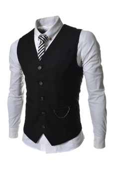 TheLees Chain Zipper Pocket 5 Button Slim Vest Waistcoat Black  
