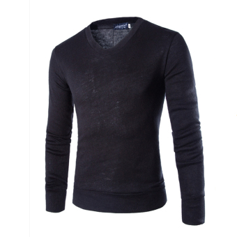 Thin Casual V-neck Slim Fit Long Sleeves Knitted Male Sweaters (Black)  
