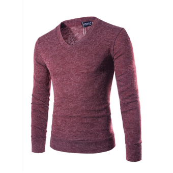 Thin Casual V-neck Slim Fit Long Sleeves Knitted Male Sweaters (Burgundy)  