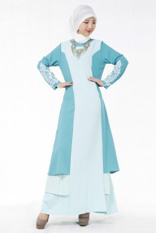 Top quality summer fashion muslim women lace slim Long dress baju kurung(Blue) - intl  