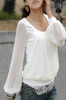 Toprank Casual Long Sleeve Chiffon Blouse Shirts For Women Fake Two-Piece Shirt Plus Size M-Xl ( White )  