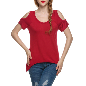 Toprank Cyber Sexy Women Casual V-Neck Off Shoulder T-Shirt Short Sleeve Solid Stretch T-Shirt Tops ( Red ) - intl  