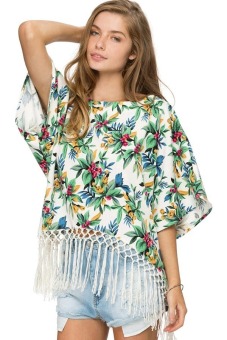 Toprank Euro Style Tassels Tops Floral Print Blouses Bat Sleeve Plus Size Loose Shirt Women Blouses Blusas ( Green )  