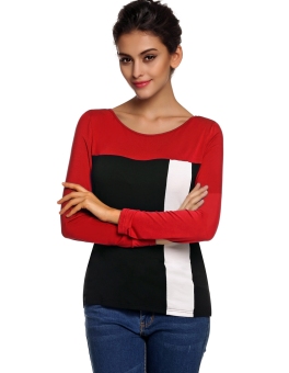 Toprank FINEJO Stylish Ladies Casual Splicing Contrast Color O-Neck Long Sleeve Slim Top Blouse ( Red ) - intl  