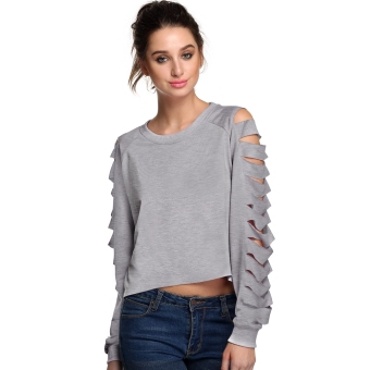 Toprank Finejo Stylish Ladies Women Casual Long Hollow Sleeve Irregular Top Solid Leisure Sexy Blouse ( Gray ) - intl  