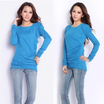 Toprank Korea Women Round Neck Puff Long Sleeve fit T-Shirt Tops Blouses Mini Dress ( Blue ) - intl  