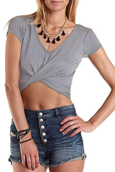 Toprank Lady Cropped T-Shirt Summer Casual Short Sleeve Crop Top Women Slim T Shirt ( Grey )  