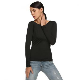 Toprank New Stylish Zeagoo Women Casual Long Sleeve Round Neck Backless Floral T-shirt Tops ( Black ) - intl  