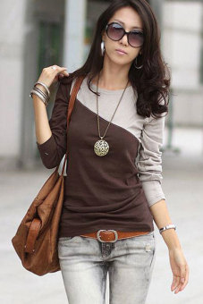 Toprank Spring Women Patchwork Tops Casual Round Neck Long Sleeve Cotton T ShirtCoffe/Gray// S/M/L ( Brown )  