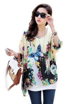 Toprank Summer Women's Fashion Flower Print Sexy Batwing Dolman Sleeve Chiffon Shirt Bohemian Tops Blouse Plus Size ( Multicolor )  