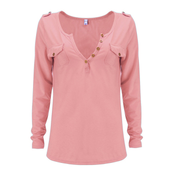 Toprank Women Sexy V-Neck Tops Long Sleeve T-Shirt Casual Blouse ( Pink ) - intl  