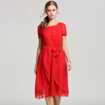 Toprank Women's Bohemian Chiffon Dress Summer Short Sleeve Long Dresses (Red) - intl  