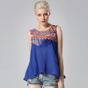 Toprank Zeagoo Stylish Lady Women's Print Sleeveless Loose Casual Chiffon Tops Blouse ( blue ) - intl  