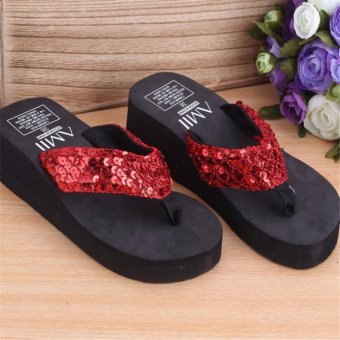 Toprime WSFF-RD-37 Women Sequins Skid Resistance High-heeled Beach Household Sandals and slippers Flip Flops(Red) - intl  