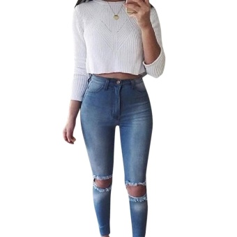 Trendy High Waist Sheath Destroyed Jeans for Women(DENIM BLUE)(Size:XL)(Int:S) - intl  