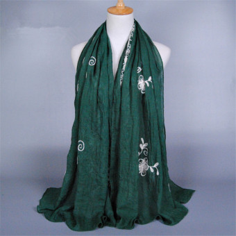 Turkish Hijab Embroidery Flower Cotton Liner Muslim Scarf (Deep green) - Intl  