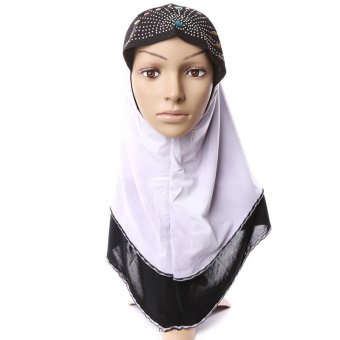 Two Tone Instant Long Shawl Hijabs Headscarf with Rhinestones (White)  