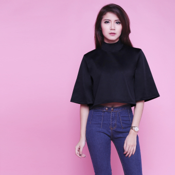 Uninamu Baju Atasan Wanita - Kaos Turtleneck Scuba - Jingle Bell Mock Top - BLACK / HITAM  