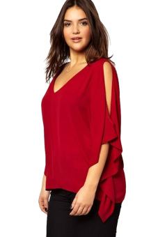 V-Neck Plus Size Batwing Sleeve Blouse Chiffon T-Shirt Top (Red) - intl  