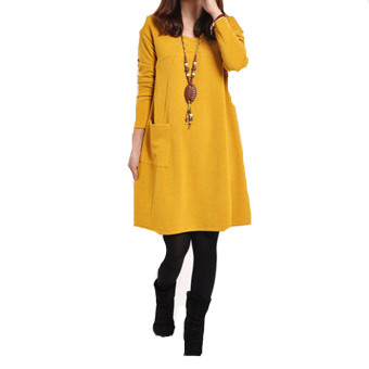 V-Neck Tops Women Long Sleeve Pockets Loose Casual Cotton Pregnant Mini Dress (Yellow)  