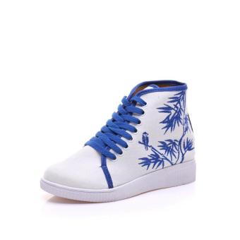 Veowalk Bird Embroidered Womens High Top White Canvas Travel Shoes Lace up Fashion Ladies Casual Walking Platforms Zapatos Mujer Blue - intl  