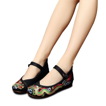 Veowalk Chinese Style Dragon Embroidered Women Casual Canvas Ballet Flats Mary Jane Comfort Cotton Cheongsam Shoes Black - intl  