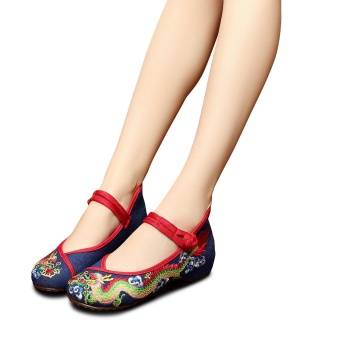 Veowalk Chinese Style Dragon Embroidered Women Casual Canvas Ballet Flats Mary Jane Comfort Cotton Cheongsam Shoes Blue - intl  