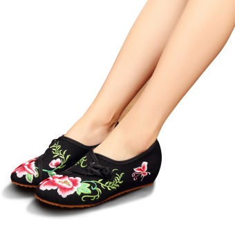 Veowalk Chinese Style Floral Embroidery Autumn Spring Women's Casual Cotton Flat Shoes Pointed Toe Ladies Vintage Old Beijing Canvas Ballets Black - intl  