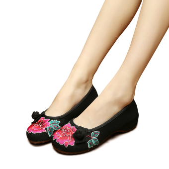 Veowalk Cotton Button Floral Embroidery Women Casual Flats Shoes Slip on Retro Style Ladies Soft Canvas Ballets Black - intl  