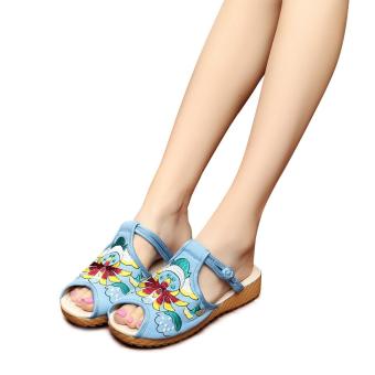 Veowalk Fashion Woman Flat Slippers Casual Sandals Chinese Flower Embroidery Comfortable Soft Slides For Women zapatos mujer Blue - intl  