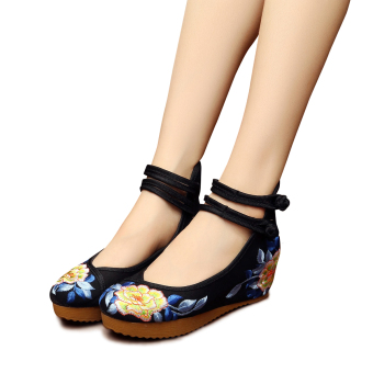 Veowalk Floral Cotton Embroidery Women's Casual Platform Shoes Ankle Buckles Ladies 5cm Mid Heel Canvas Wedges Pumps Black - intl  