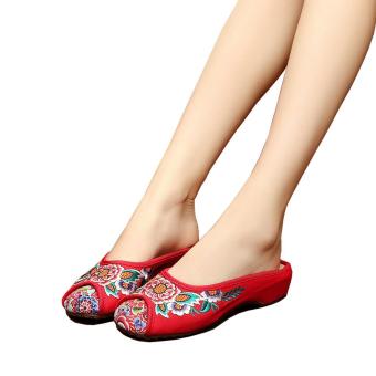 Veowalk Floral Embroidered Women's Casual Canvas Flat Slides Slippers Fashion Ladies Outdoor Cotton Sandals Shoes Red - intl  