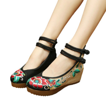 Veowalk Floral Embroidery Women's Casual Platform Shoes Cotton Buckles Chinese Old Beijing Style 5cm Mid Heels Ladies Canvas Wedges Pumps Black - intl  