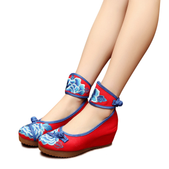 Veowalk Floral Embroidery Women's Casual Platform Shoes Cotton Ankle Wrap 5cm Mid Heel Canvas Wedges Pumps Red - intl  