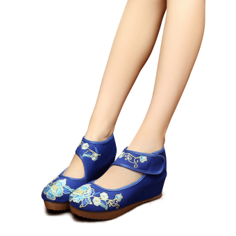 Veowalk Floral Embroidery Women's Casual Platform Shoes Cotton Ankle Wrap 5cm Mid Heel Vintage Canvas Wedges Pumps Blue - intl  