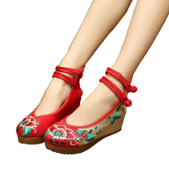 Veowalk Floral Embroidery Women's Casual Platform Shoes Cotton Buckles Chinese Old Beijing Style 5cm Mid Heels Ladies Canvas Wedges Pumps Red - intl  