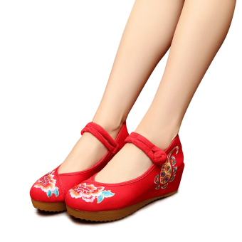 Veowalk Floral Embroidery Women's Casual Platform Shoes Cotton Buckles Ladies 5cm Mid Heel Canvas Wedges Pumps Red - intl  
