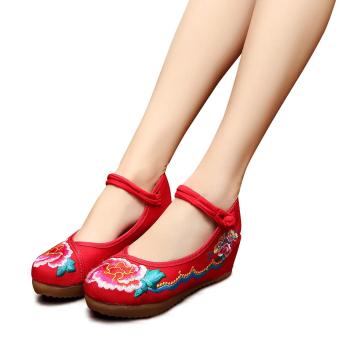 Veowalk Flower Embroidered Asian Women Casual Canvas 5cm Heels Wedges Platforms Elegant Ladies Mary Janes Cotton Pump Shoes Red - intl  