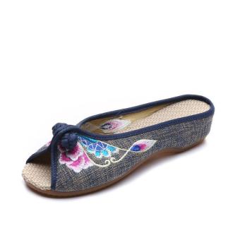 Veowalk Flower Embroidered Women Casual Cotton Linen Flat Slippers Open Peep Toe Ladies Summer Slides Sandals Shoes Grey - intl  
