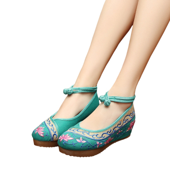 Veowalk Flower Embroidered Women's Casual Platform Shoes Cotton Ankle Buckles 5cm Mid Heels Ladies Canvas Wedges Pumps Green - intl  