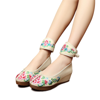 Veowalk Flower Embroidered Women's Casual Platform Shoes Cotton Ankle Wrap 5cm Mid Heel Ladies Canvas Wedges Pumps Beige - intl  