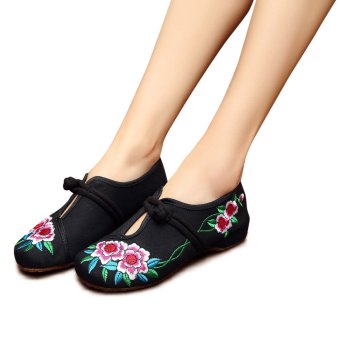 Veowalk Flower Embroidery Women Casual Cotton Flats Shoes Slip on Chinese Style Traditional Ladies Autumn Mid Top Canvas Ballets Black - intl  