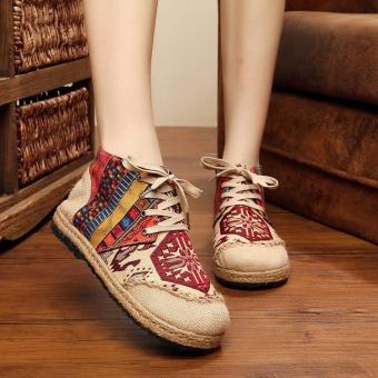 Veowalk High Top Thailand Style Embroidered Women Casual Linen Cotton Flat Platforms Lace up Shoes for Ladies Red - intl  