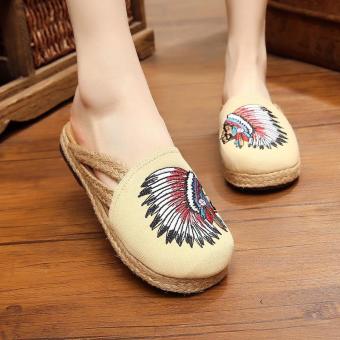 Veowalk Indian Embroidery Women Linen Flat Slides Slippers Summer Fashion Ladies Canvas Outdoor Sandals Shoes Beige - intl  