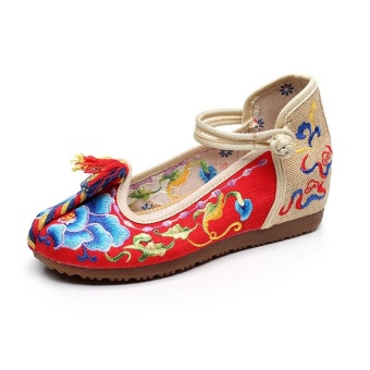 Veowalk New Asian Women Floral Embroidered Canvas Ballet Flats Casual Cotton Mary Jane Platform Shoes Gum Bottom Red - intl  