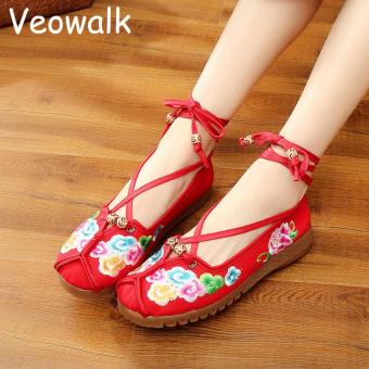 Veowalk New Summer Handmade Embroidery Women Shoes Chinese Style Old Peking High Foot Straps Casual Flats Dance Cloth Shoes Red - intl  