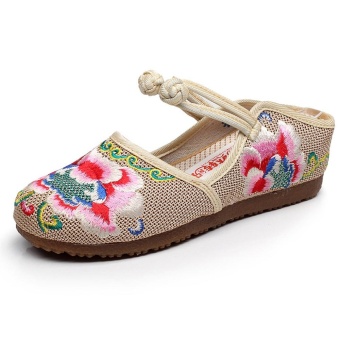 Veowalk New Summer Style Asian Women Linen Embroidered Flat Sandals Retro Mary Jane Strappy Casual Soft Shoes Beige - intl  