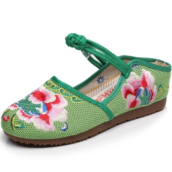 Veowalk New Summer Style Asian Women Linen Embroidered Flat Sandals Retro Mary Jane Strappy Casual Soft Shoes Green - intl  