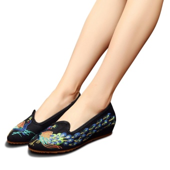Veowalk Pointed Toe Peacock Sequins Embroidered Women Casual Canvas Ballet Flats Slip on Comfort Soft Jeans Shoes Black - intl  
